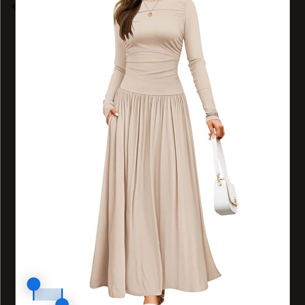 ZESICA Crewneck Slim Swing Pleated Maxi Dress Tan SzXL NWT Winter Classic Chic